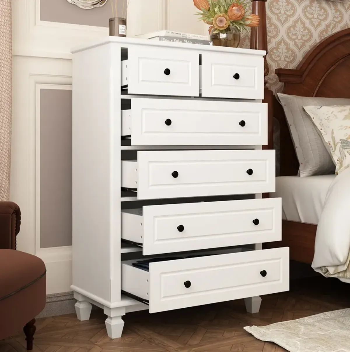 6-Drawers White Wood Chest of Drawers Dresser Vanity Table Storage Cabinet with Wooden Legs 47.4 in. H x 31.5 W x 15.7 D