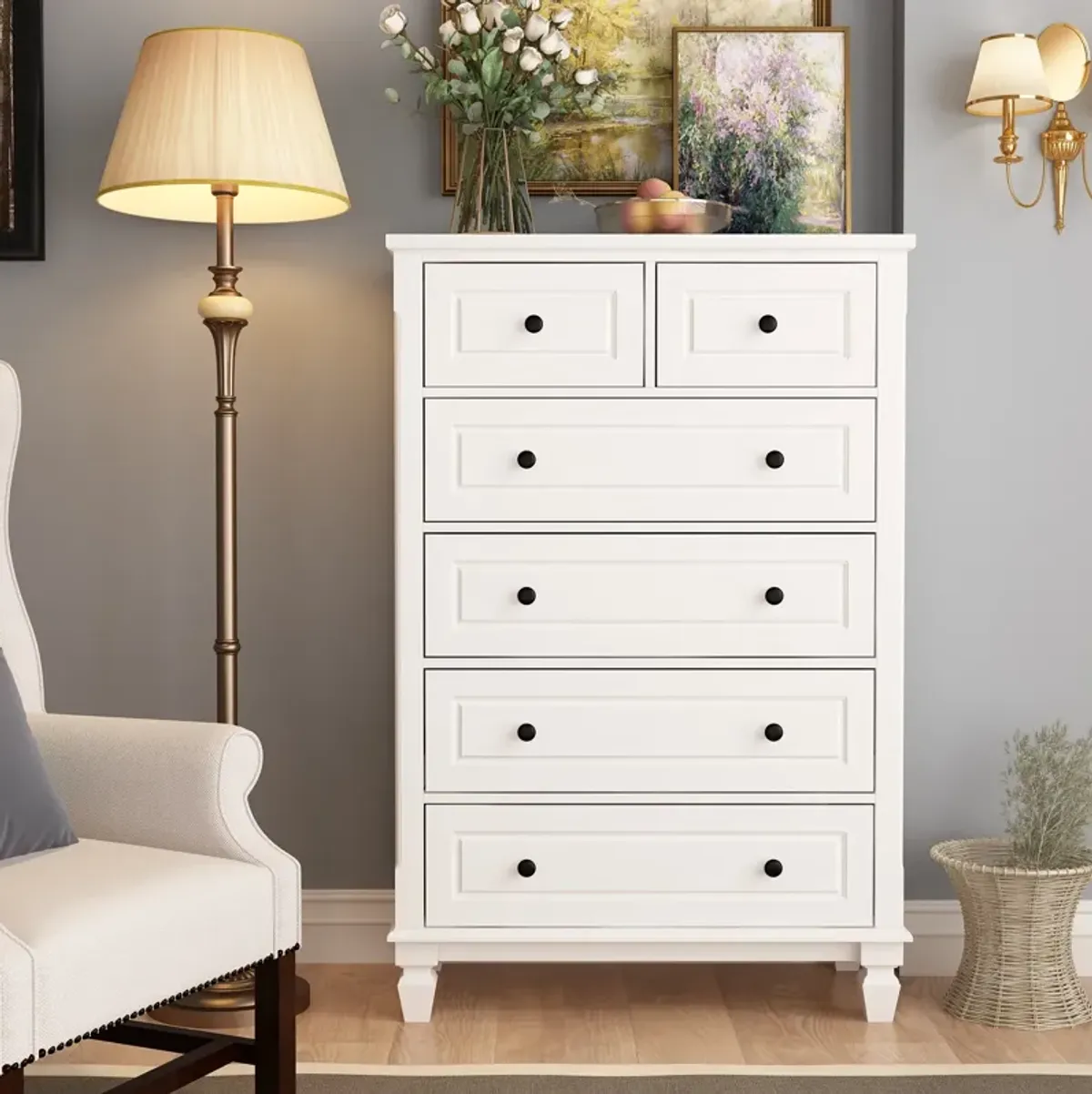 6-Drawers White Wood Chest of Drawers Dresser Vanity Table Storage Cabinet with Wooden Legs 47.4 in. H x 31.5 W x 15.7 D