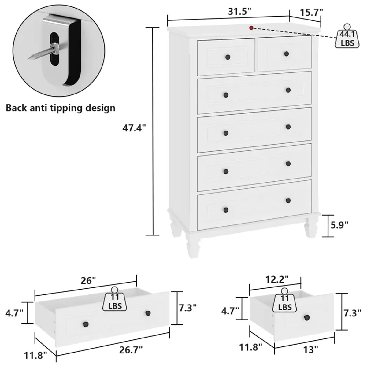 6-Drawers White Wood Chest of Drawers Dresser Vanity Table Storage Cabinet with Wooden Legs 47.4 in. H x 31.5 W x 15.7 D