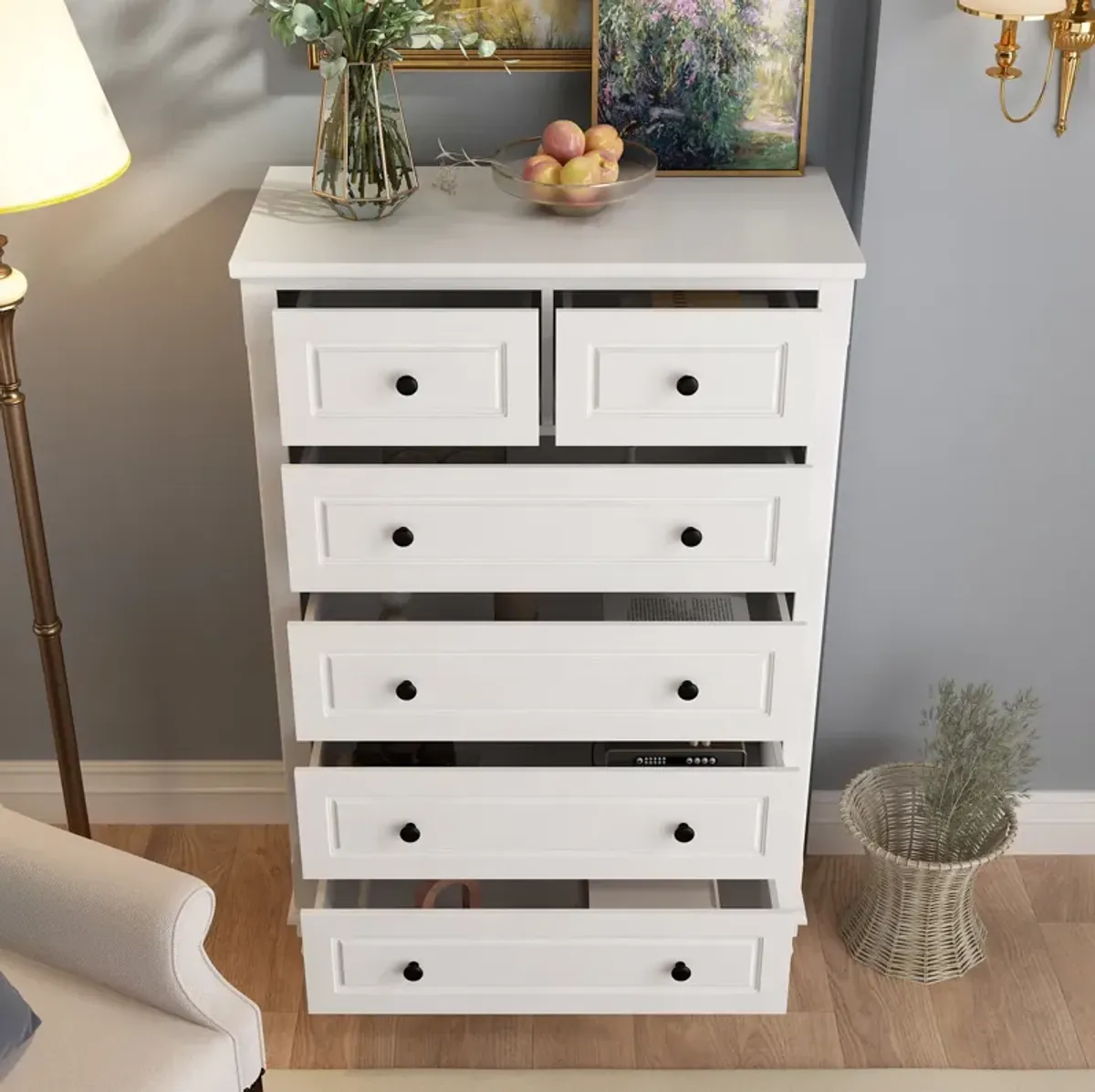 6-Drawers White Wood Chest of Drawers Dresser Vanity Table Storage Cabinet with Wooden Legs 47.4 in. H x 31.5 W x 15.7 D