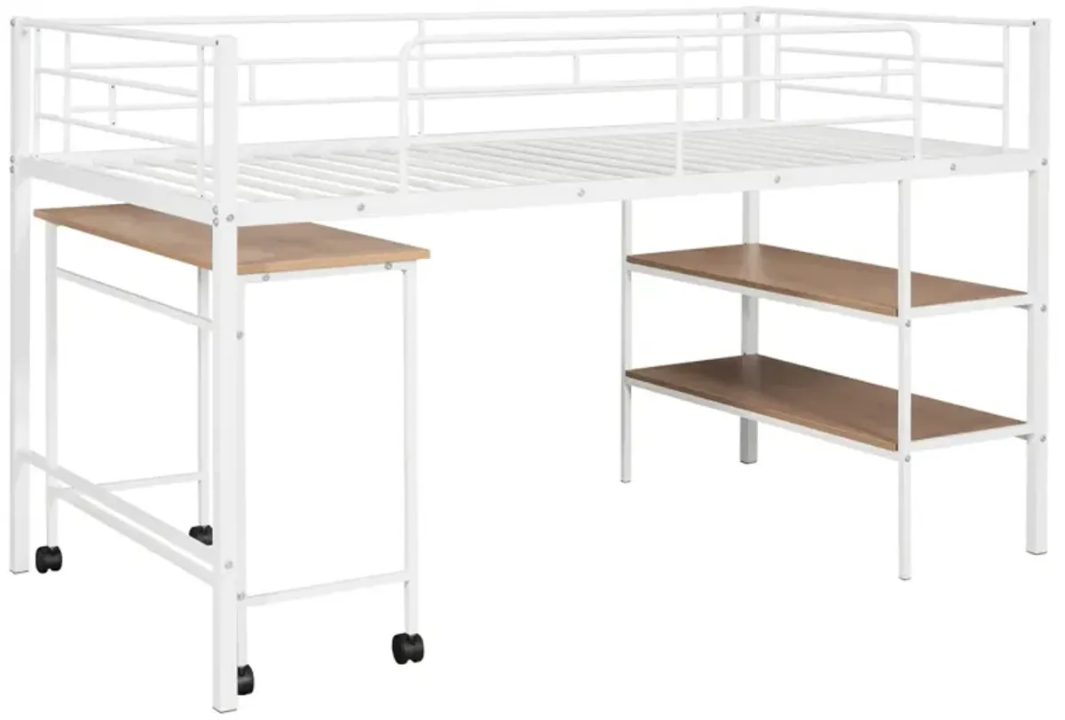 Twin Size Metal Loft Bed With Desk And Shelves