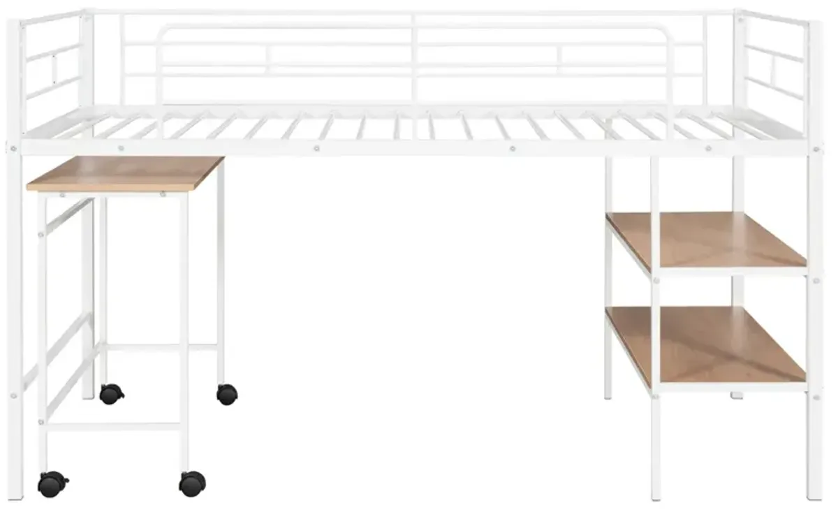 Twin Size Metal Loft Bed With Desk And Shelves