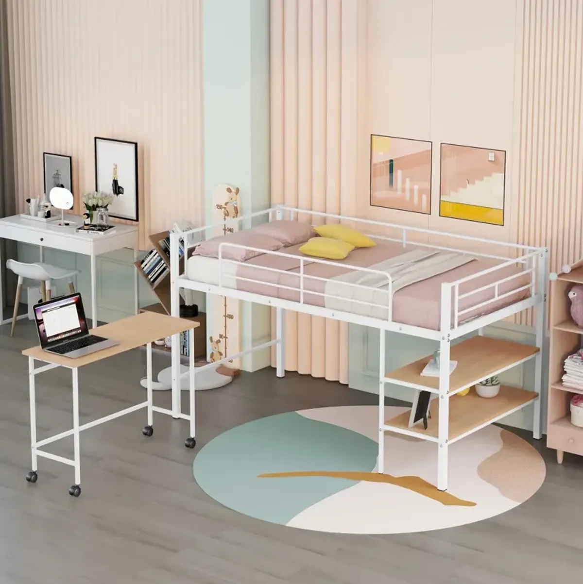 Twin Size Metal Loft Bed With Desk And Shelves