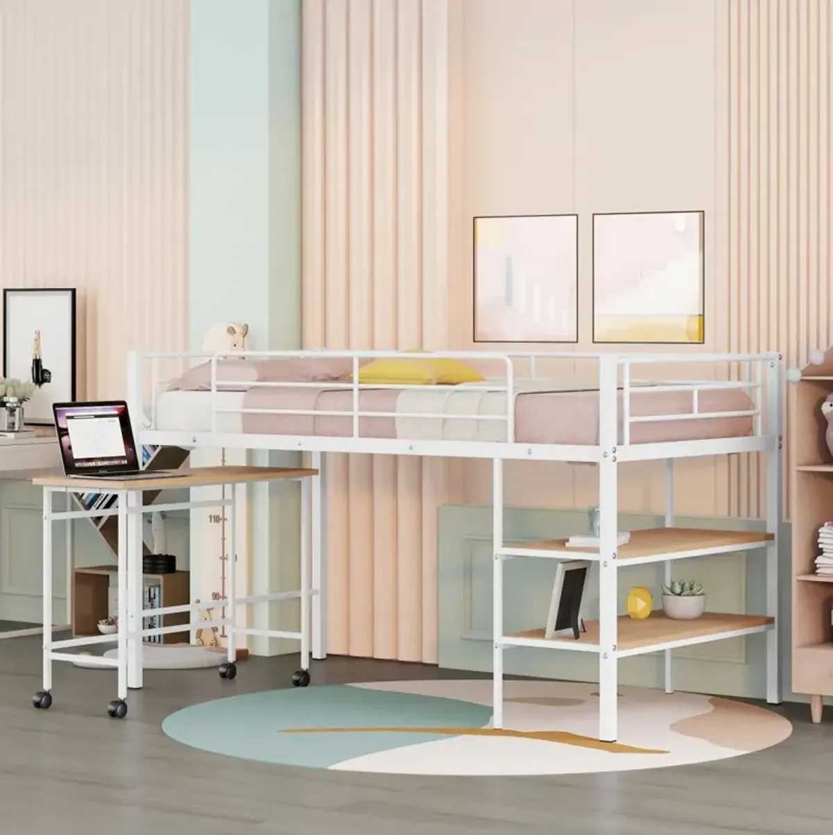 Twin Size Metal Loft Bed With Desk And Shelves