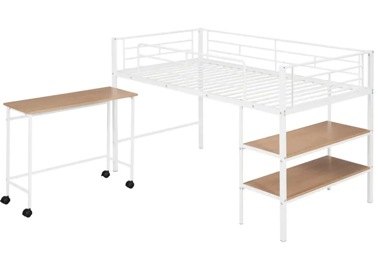 Twin Size Metal Loft Bed With Desk And Shelves