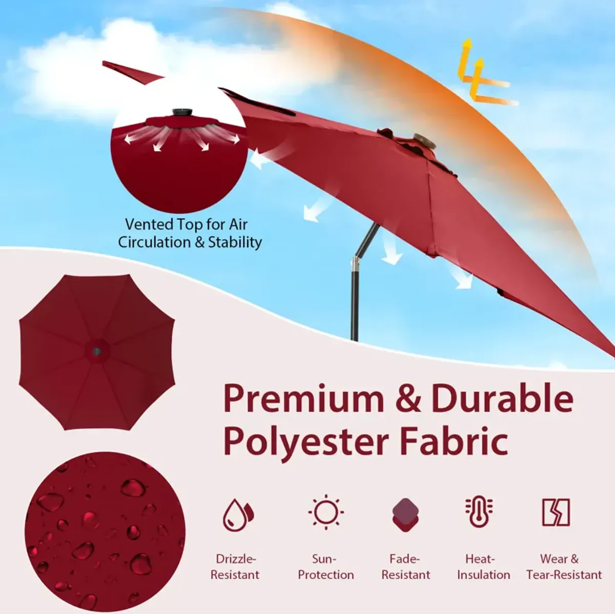 10-Foot Patio Umbrella with 112 Solar LED Lights and Crank Handle