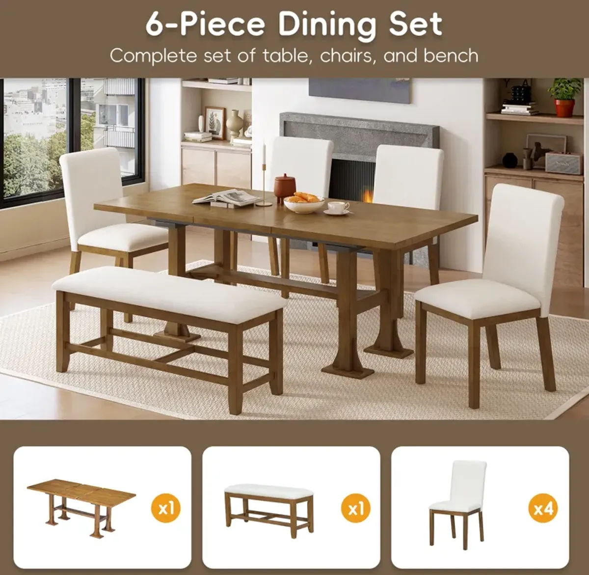 Merax Farmhouse 76inch 6-Piece Extendable Dining Set