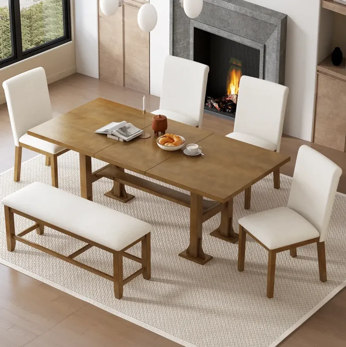 Merax Farmhouse 76inch 6-Piece Extendable Dining Set