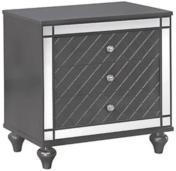 3 Drawer Wooden Nightstand with Diamond Pattern and Mirror Inlay, Gray-Benzara