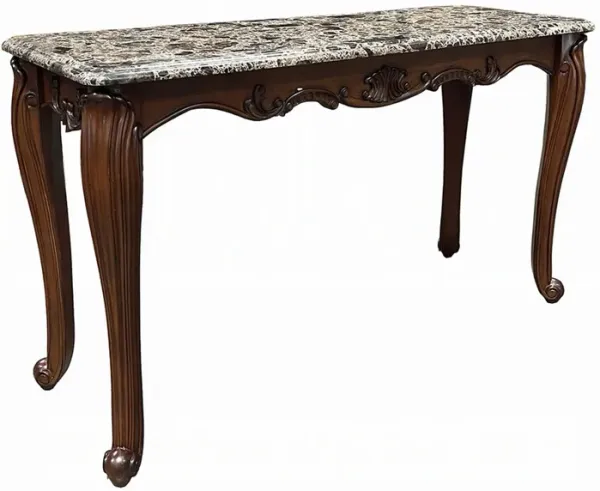 Aliya Sofa Table, Rectangular 52 Inch Marble Top, Cherry Brown Wood - Benzara