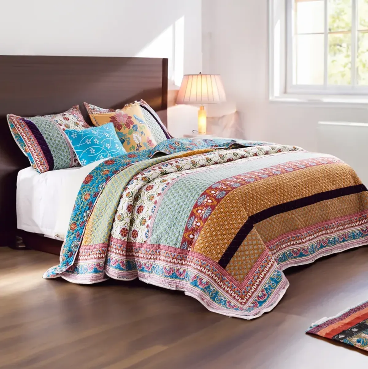 Sama 5 Piece Reversible King Quilt Set, Floral Print Patterns, Multicolor - Benzara