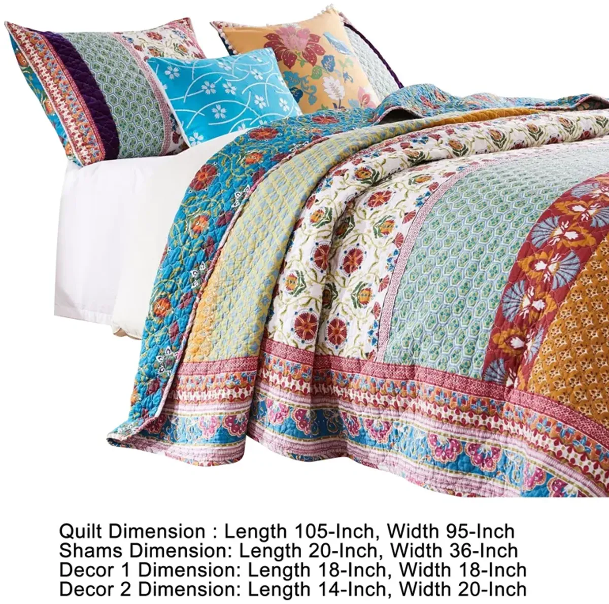 Sama 5 Piece Reversible King Quilt Set, Floral Print Patterns, Multicolor - Benzara