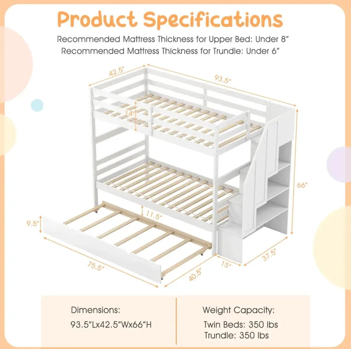 Home Wood Bunk Bed with Guard Rail and 4-step Storage Stairs No Box Spring Needed