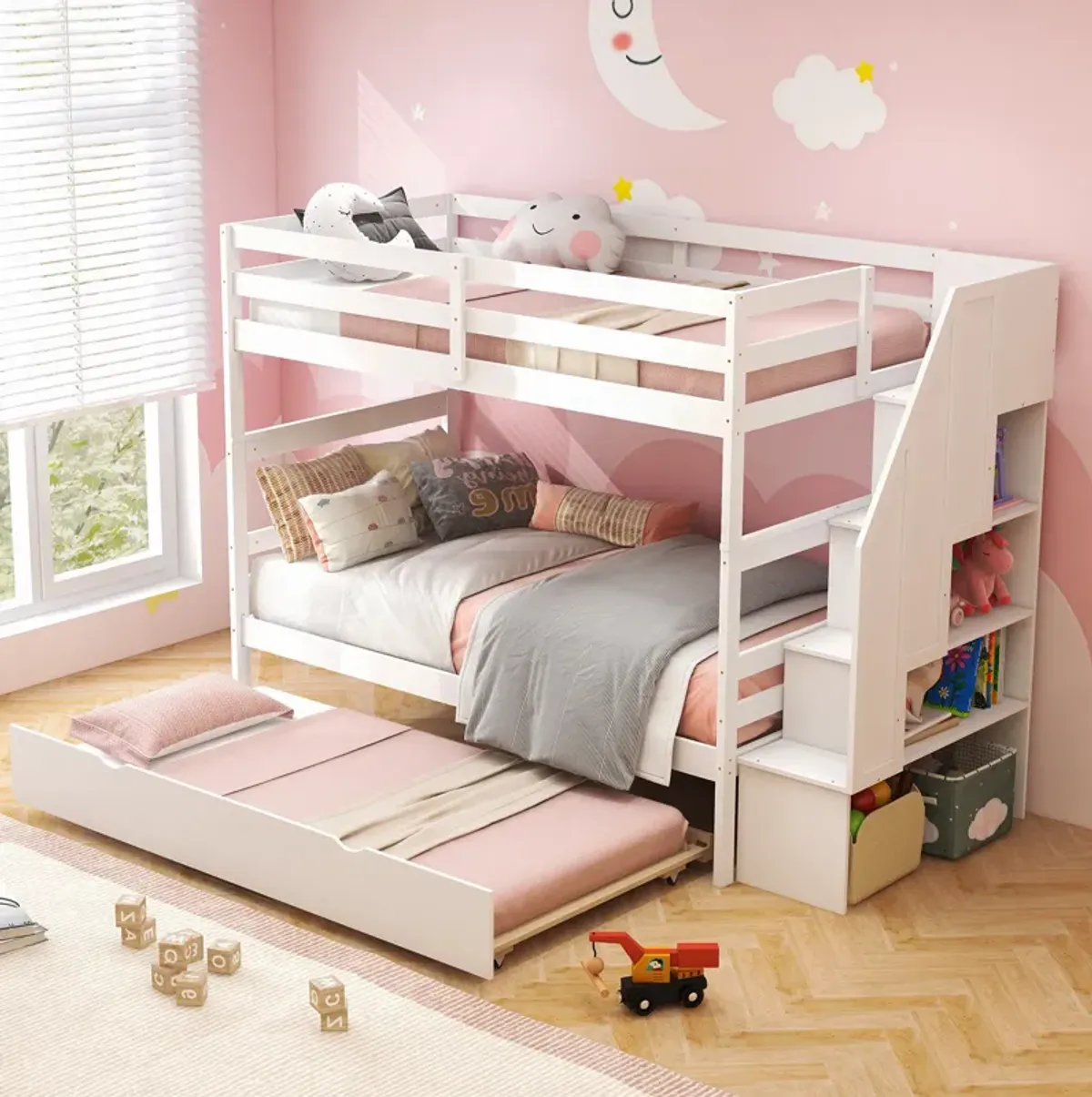 Home Wood Bunk Bed with Guard Rail and 4-step Storage Stairs No Box Spring Needed