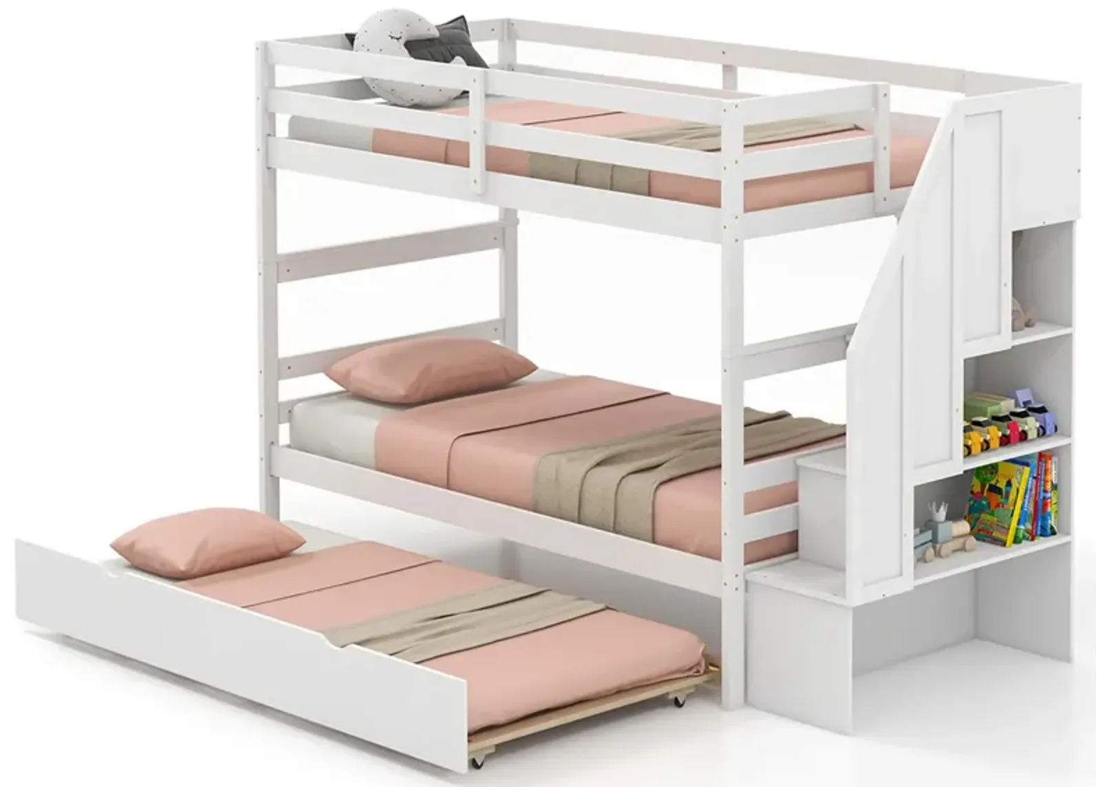 Home Wood Bunk Bed with Guard Rail and 4-step Storage Stairs No Box Spring Needed