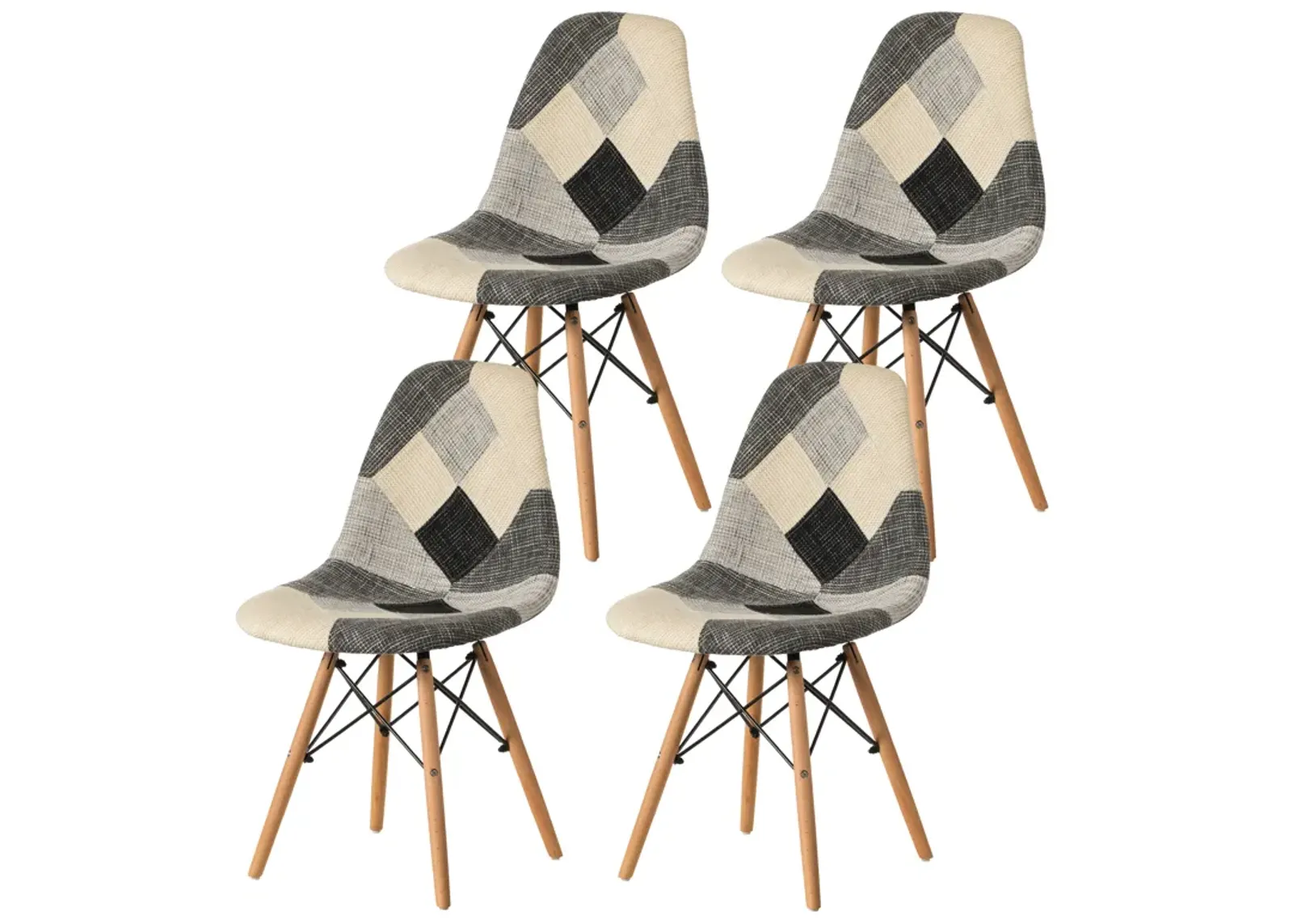 Modern Black and White Patchwork Fabric Chair with Wooden Legs for Kitchen, Dining Room, Entryway, Living Room, Set of 4