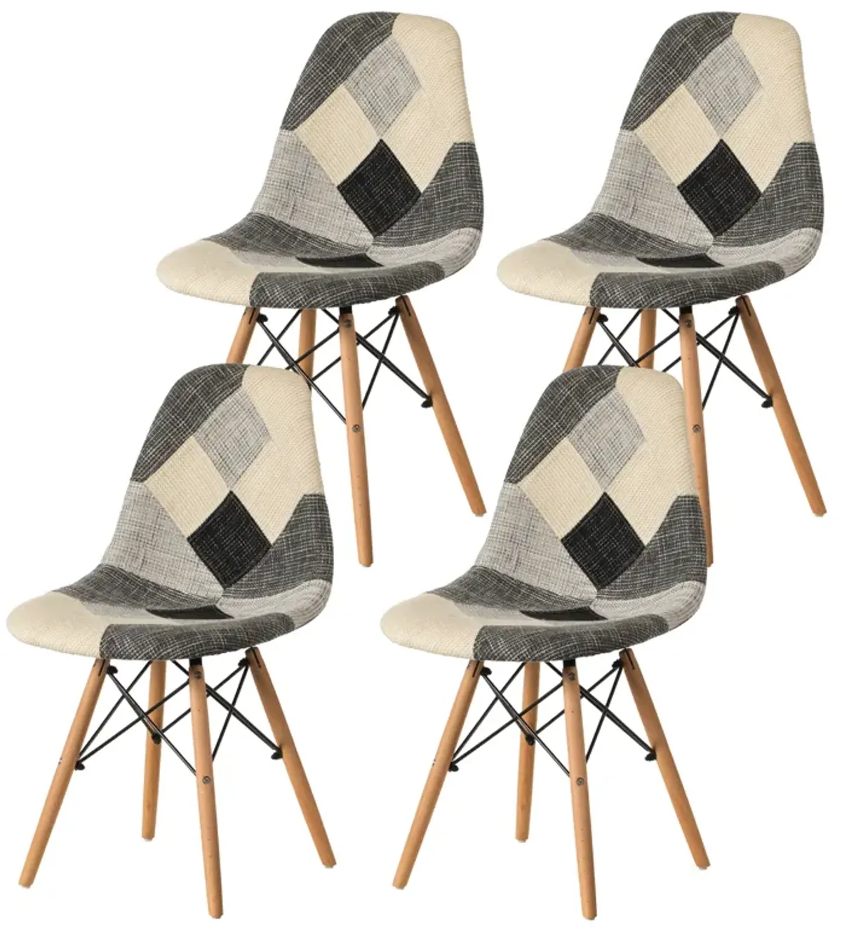 Modern Black and White Patchwork Fabric Chair with Wooden Legs for Kitchen, Dining Room, Entryway, Living Room, Set of 4