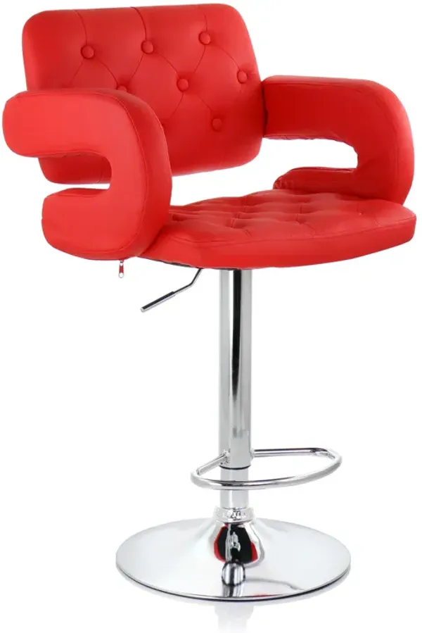 Elama Faux Leather Tufted Bar Stool in Red with Chrome Base and Adjustable Height