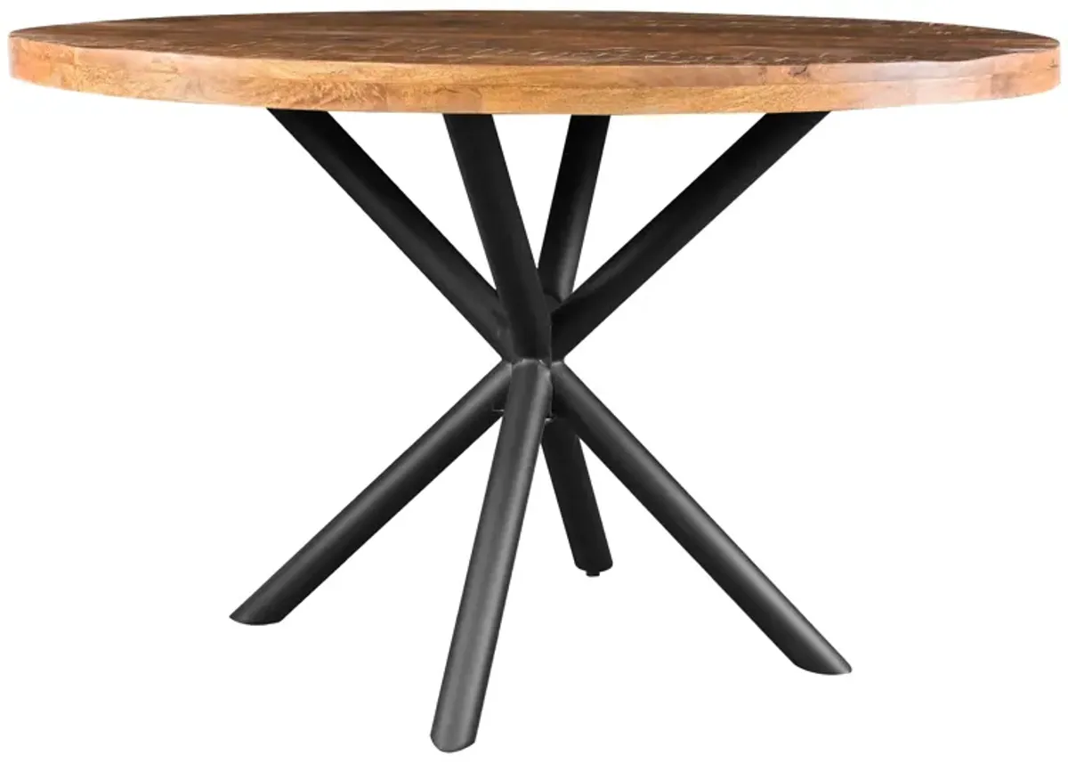 48 Inch Handcrafted Dining Table, Solid Mango Wood Round Top with Iron Crisscrossed Legs, Natural Brown and Black-Benzara