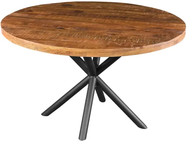 48 Inch Handcrafted Dining Table, Solid Mango Wood Round Top with Iron Crisscrossed Legs, Natural Brown and Black-Benzara