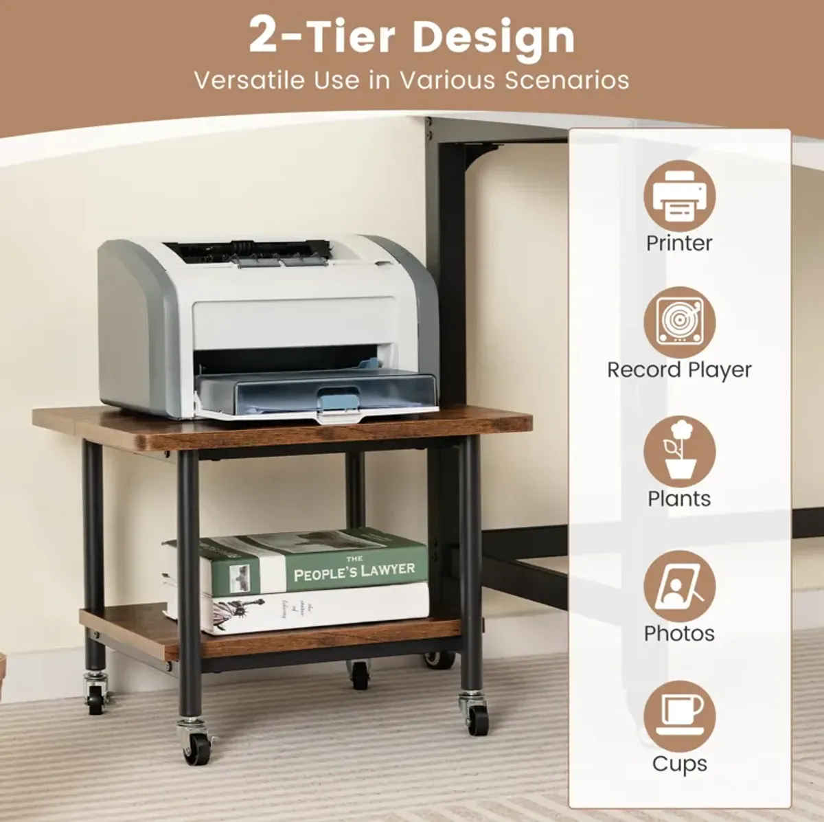 Under Desk Printer Stand with 360° Swivel Casters