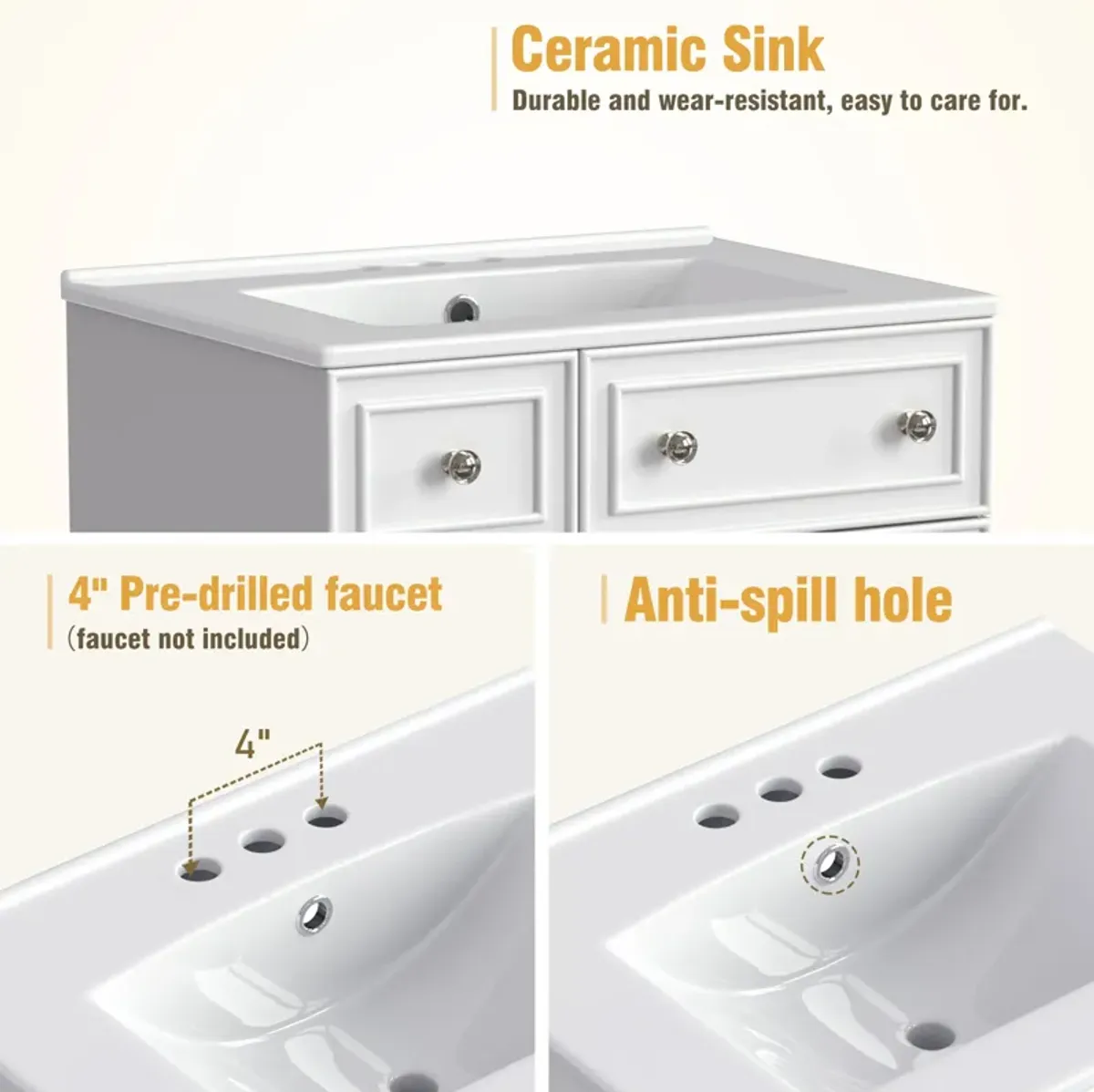 Gewnee 24-Inch Bathroom Vanity Cabinet with Ceramic Sink, 2 Drawers, 1 Door