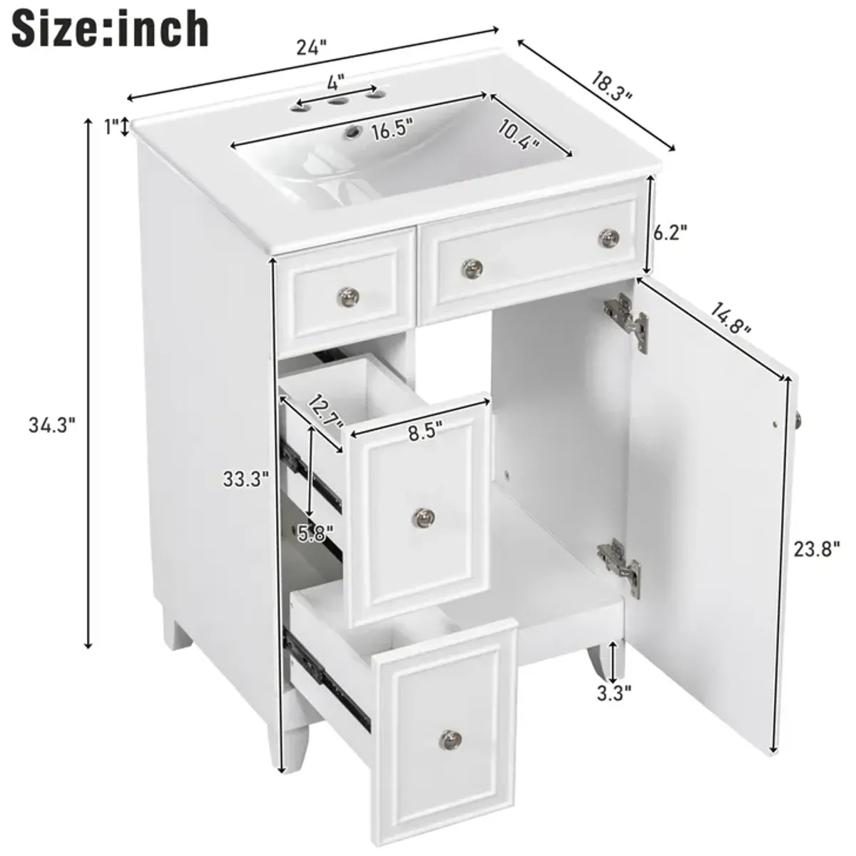 Gewnee 24-Inch Bathroom Vanity Cabinet with Ceramic Sink, 2 Drawers, 1 Door