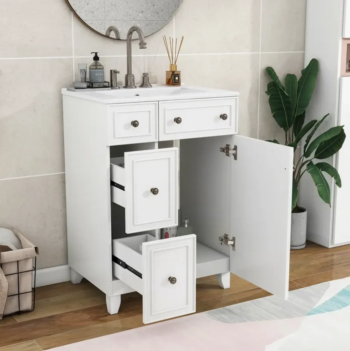 Gewnee 24-Inch Bathroom Vanity Cabinet with Ceramic Sink, 2 Drawers, 1 Door