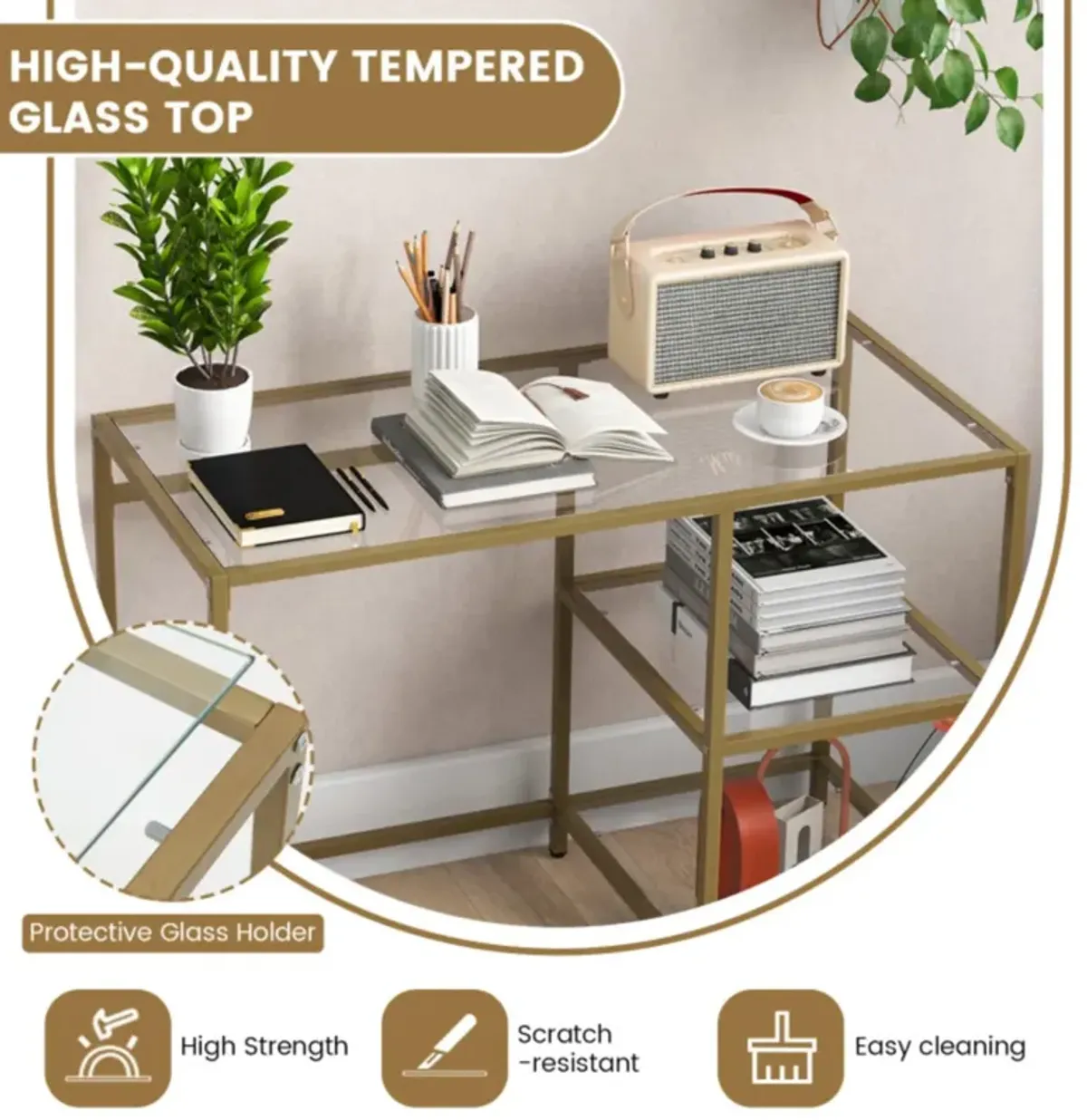 Hivvago Modern Console Table with 2 Open Shelves and Metal Frame