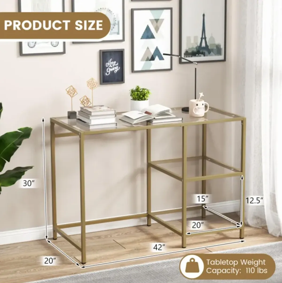 Hivvago Modern Console Table with 2 Open Shelves and Metal Frame