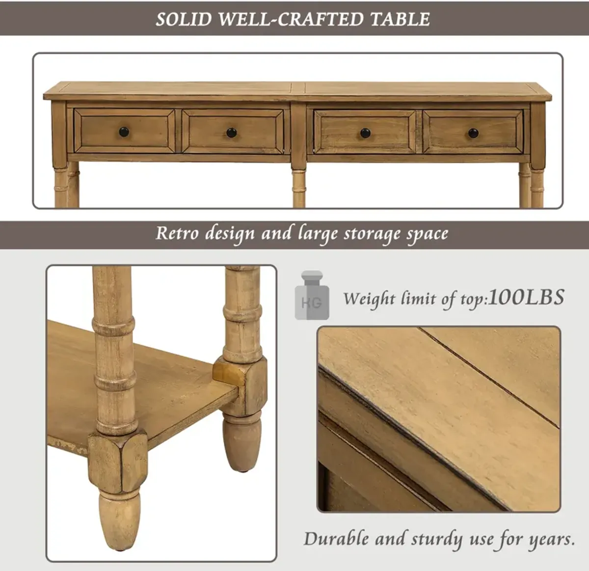 Console Table Sofa Table Easy Assembly with Two Storage Drawers and Bottom Shelf for Living Room, Entryway (Old Pine)