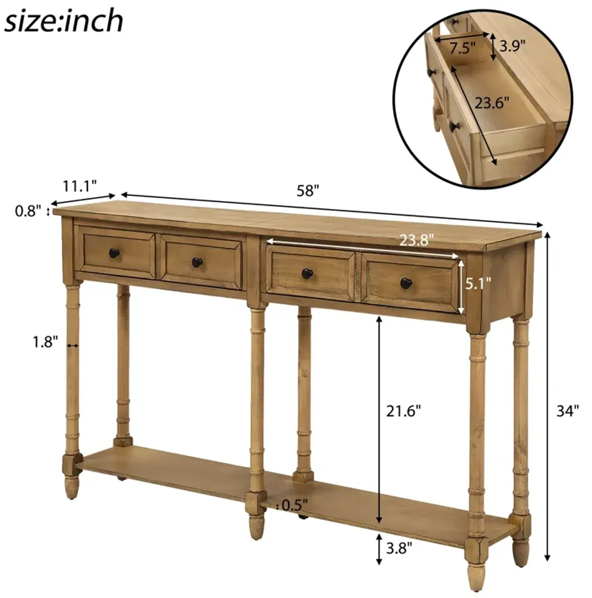 Console Table Sofa Table Easy Assembly with Two Storage Drawers and Bottom Shelf for Living Room, Entryway (Old Pine)