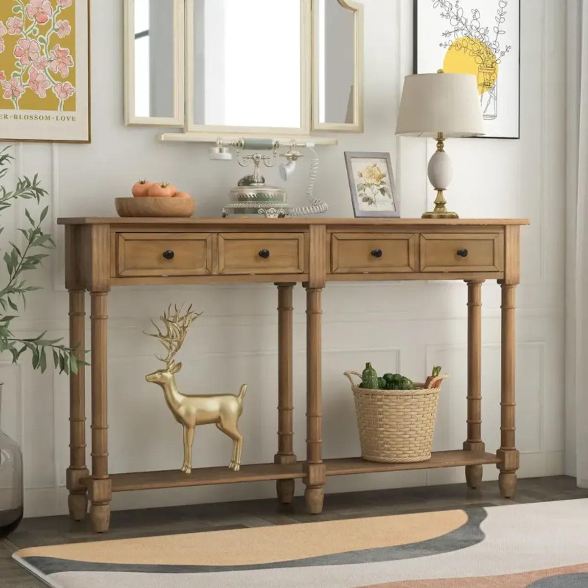 Console Table Sofa Table Easy Assembly with Two Storage Drawers and Bottom Shelf for Living Room, Entryway (Old Pine)