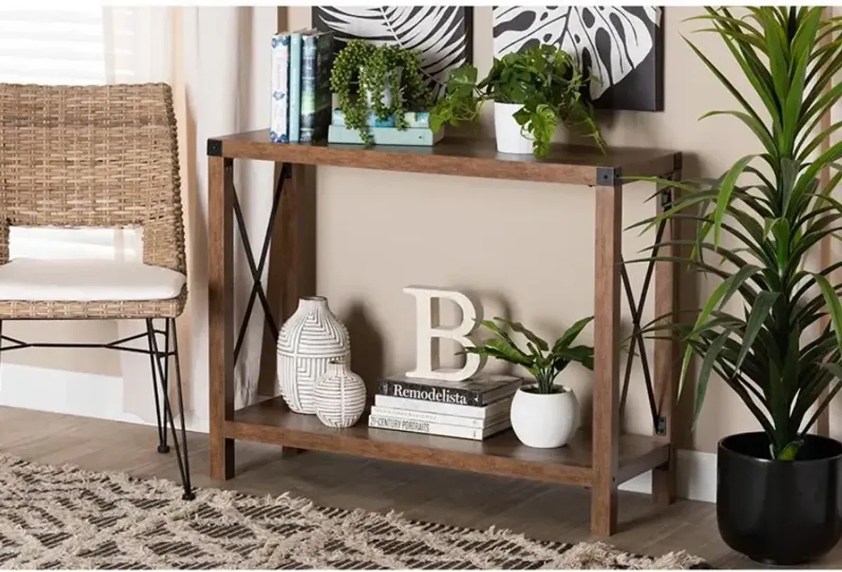 Rumi Modern Farmhouse Natural Brown Finished Wood and Black Metal Console Table