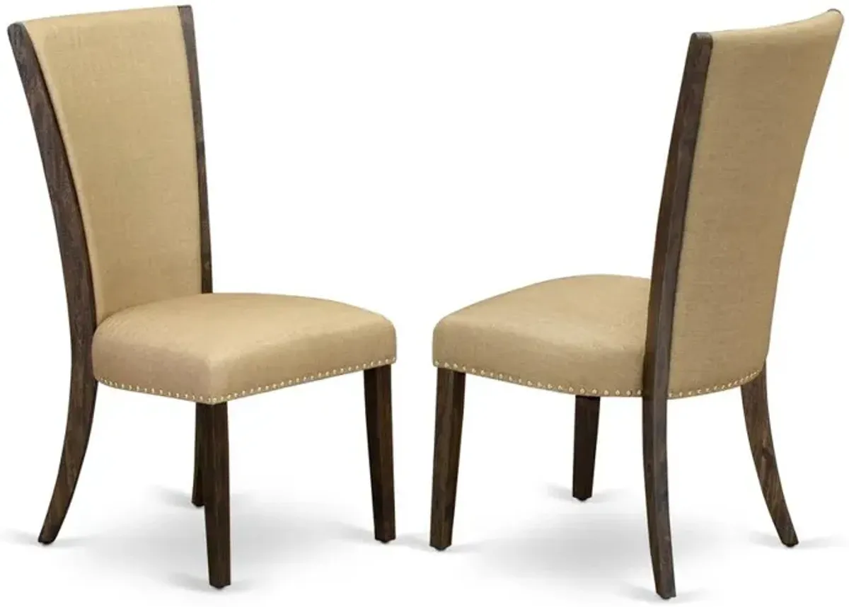 East West Furniture - Set of 2 - Wood Chairs- Wood Chair Includes Distressed Jacobean Hardwood Frame with Brown Linen Fabric Seat with Nail Head and Stylish Back