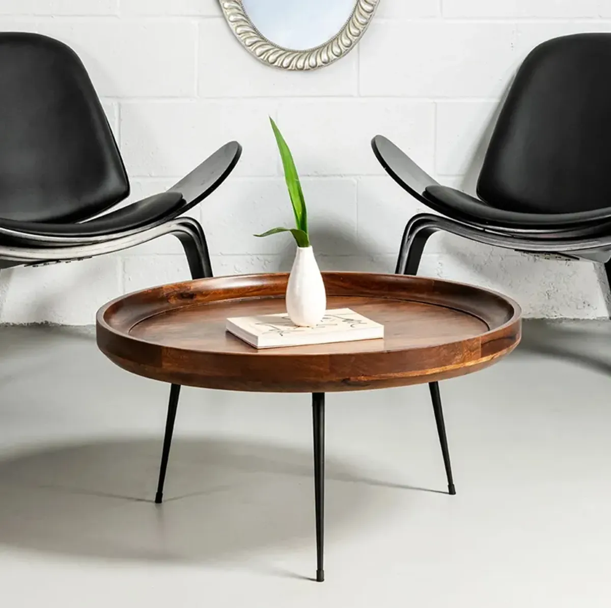 Round Mango Wood Coffee Table With Splayed Metal Legs, Brown and Black-Benzara