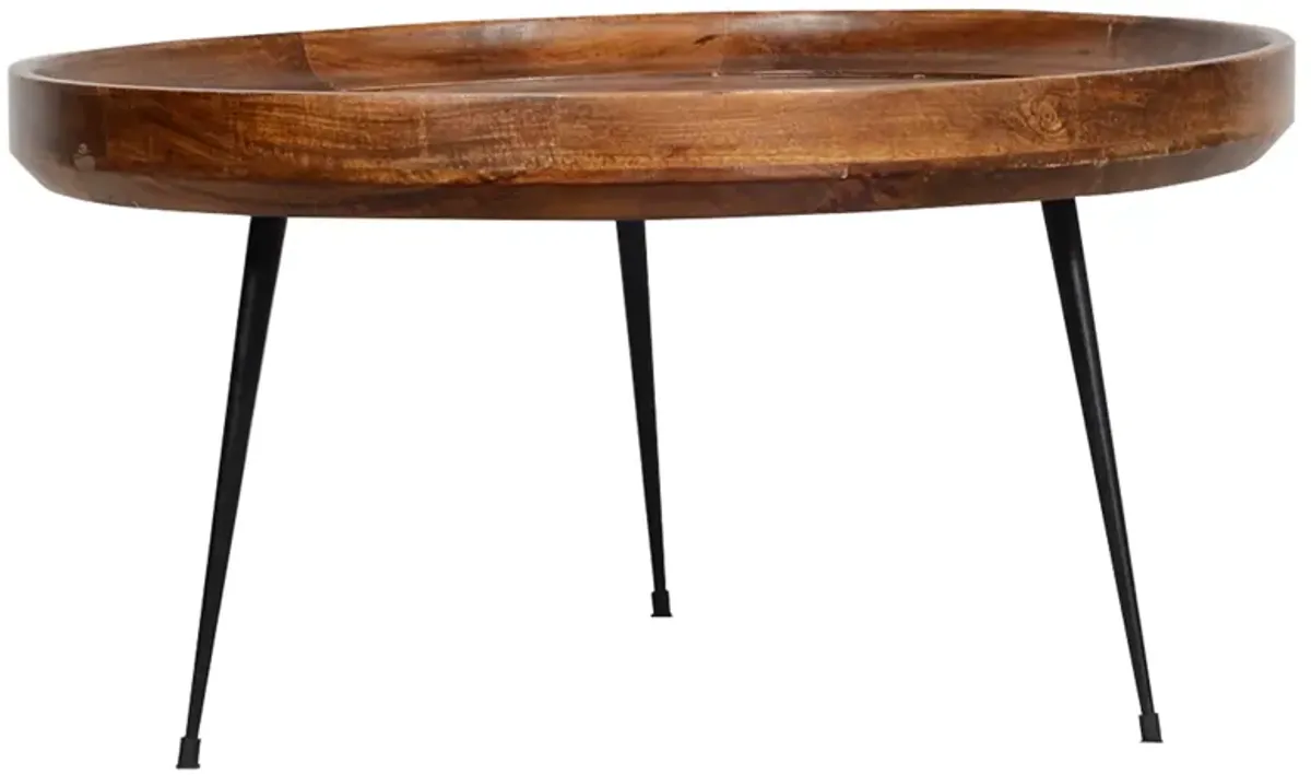 Round Mango Wood Coffee Table With Splayed Metal Legs, Brown and Black-Benzara