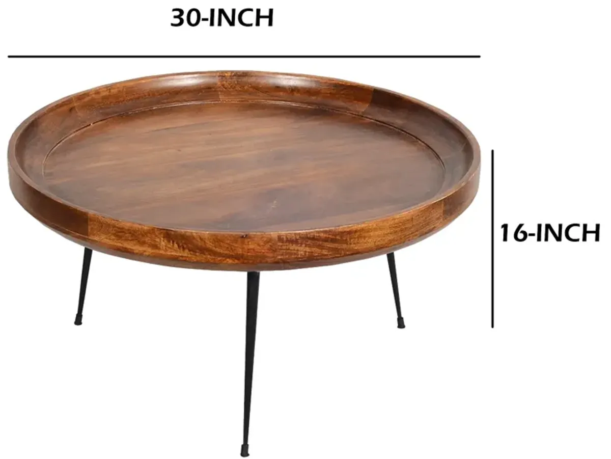 Round Mango Wood Coffee Table With Splayed Metal Legs, Brown and Black-Benzara