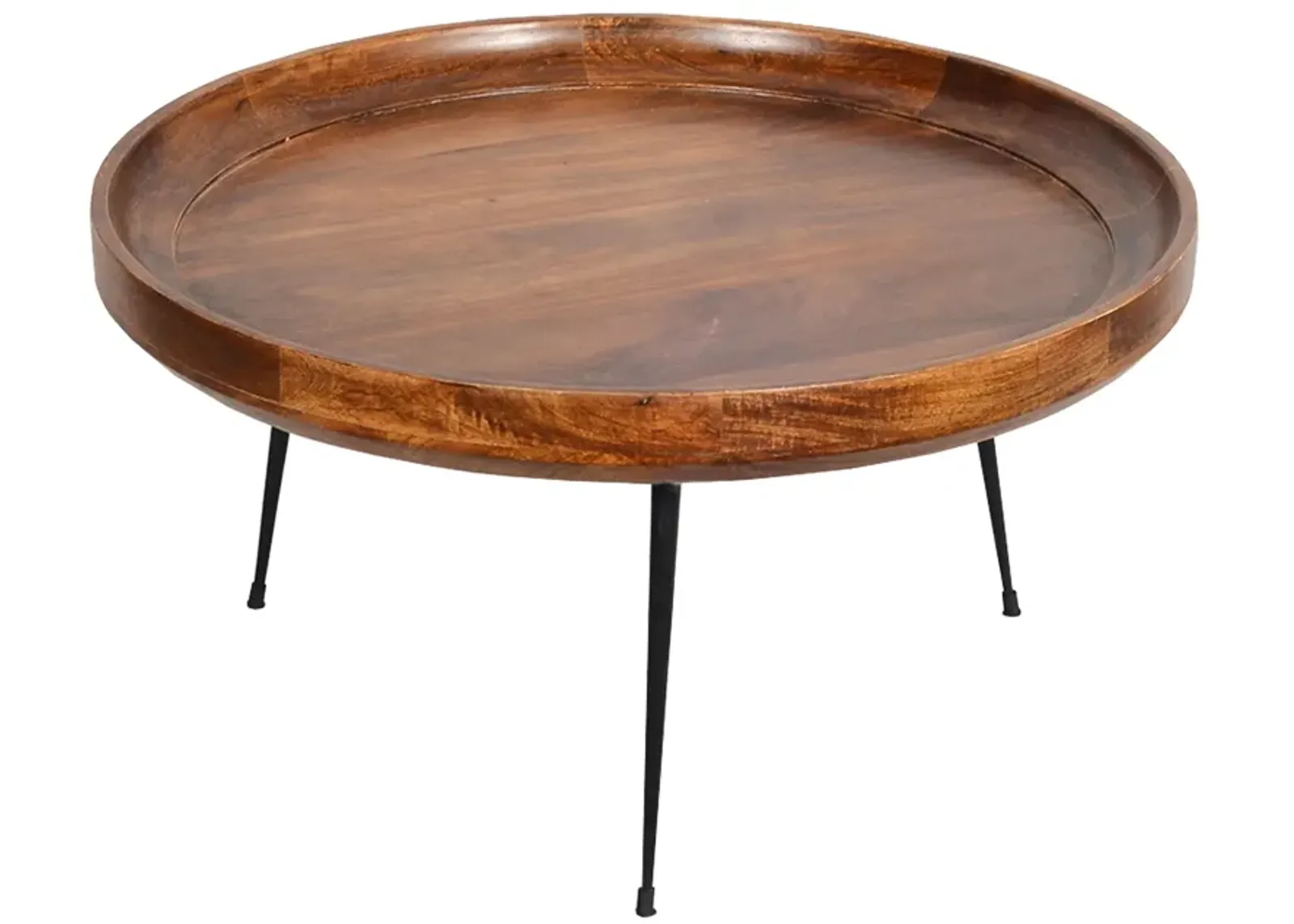 Round Mango Wood Coffee Table With Splayed Metal Legs, Brown and Black-Benzara