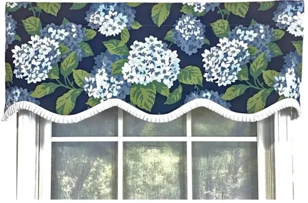 RLF Home Hydrangea Ruffled Provance valance Navy. 3" Rod Pocket 50"W x 17"L