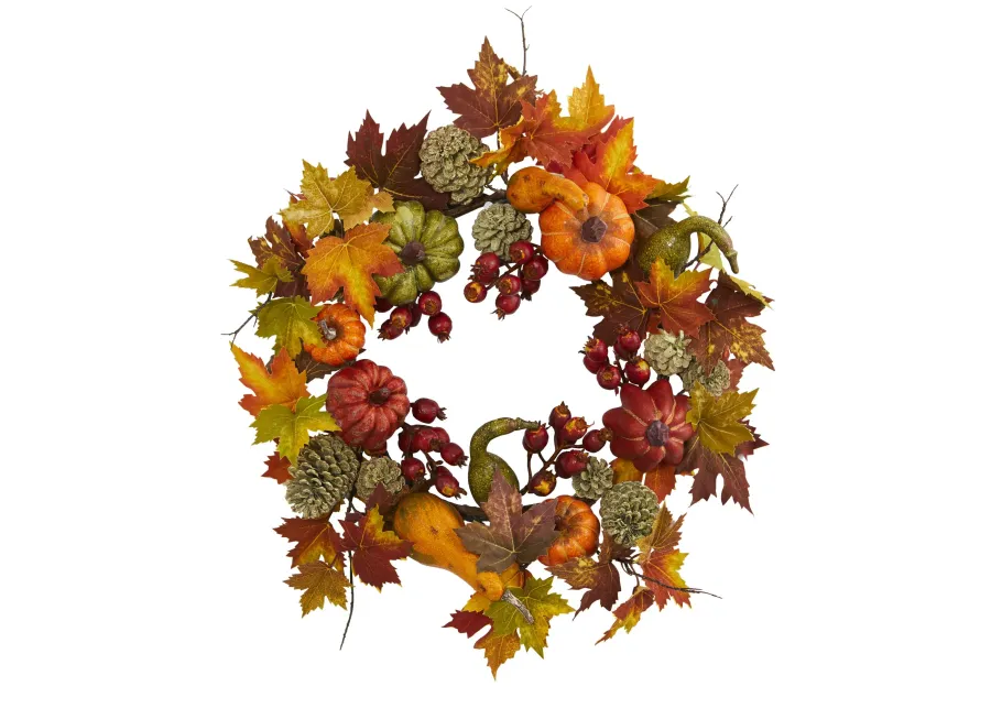 HomPlanti 24" Pumpkin, Gourd, Berry and Maple Leaf Wreath