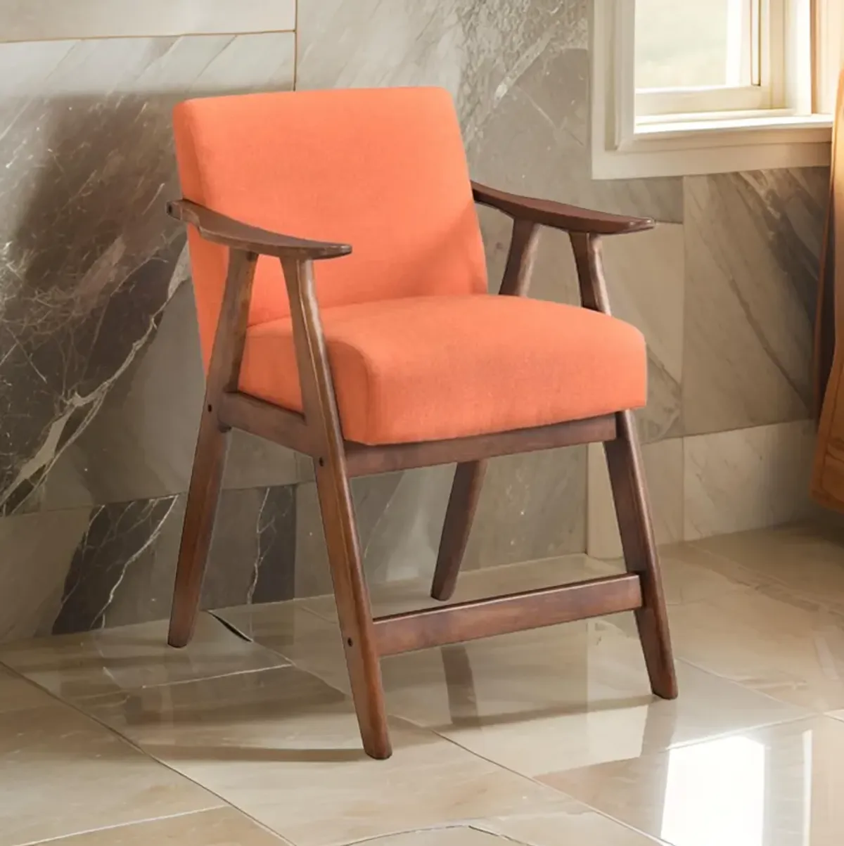 Stella 26 Inch Counter Height Chair, Orange Fabric, Cushions, Brown Wood  - Benzara