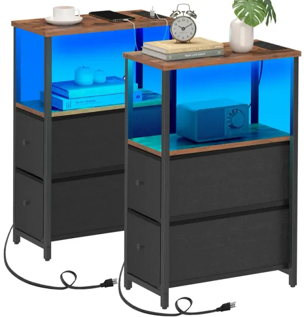 TUTOTAK Small Narrow LED End Table with Charging Station, Side Table Outlets, Nightstand with 2 Cloth Drawers, Set of 2, Couch T