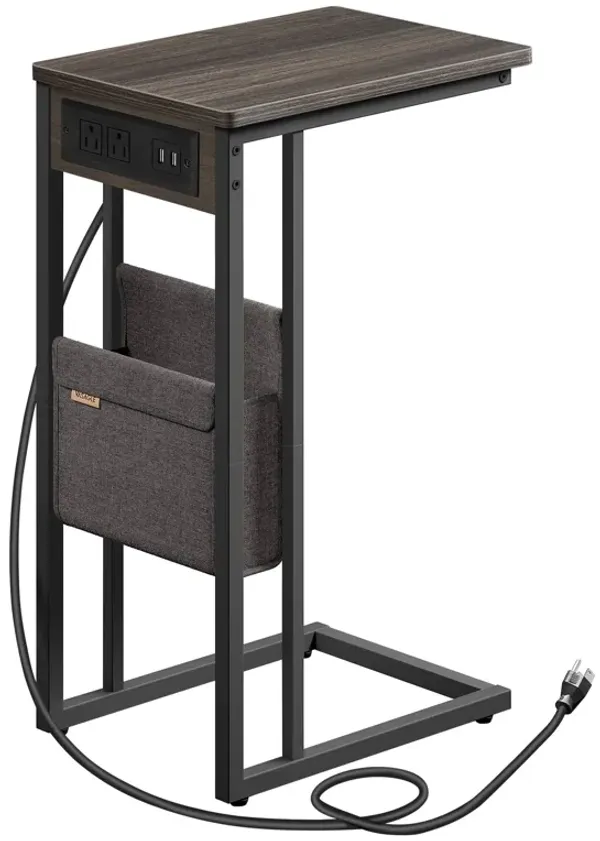 C-Shaped Side Table, End Table with Charging Station, 2 USB Ports and Outlets