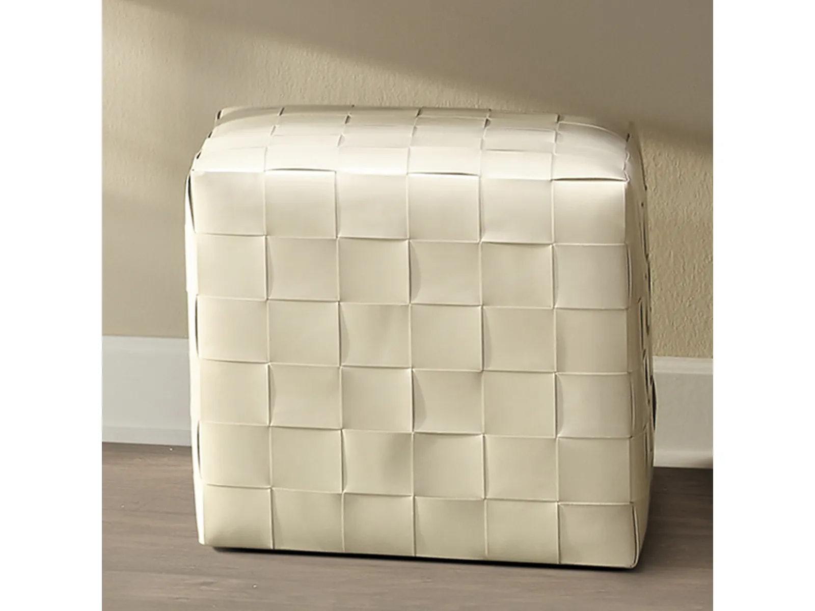 Woven Leather Ottoman White