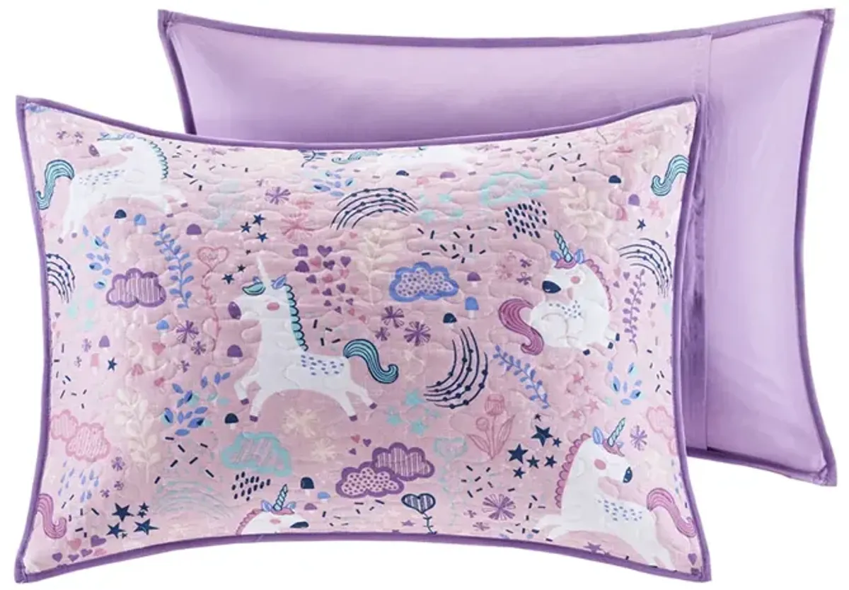 Gracie Mills Glenda 4-Peice Unicorn Reversible Cotton Quilt Set with coordinating Throw Pillows