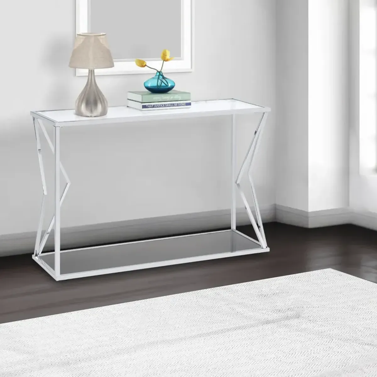 Sofa Table with Glass Top and Bottom Shelf and Geometric Accent, Silver-Benzara