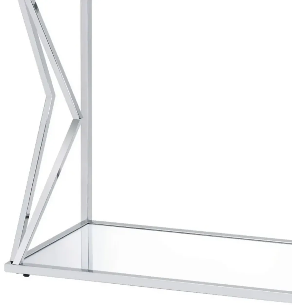 Sofa Table with Glass Top and Bottom Shelf and Geometric Accent, Silver-Benzara