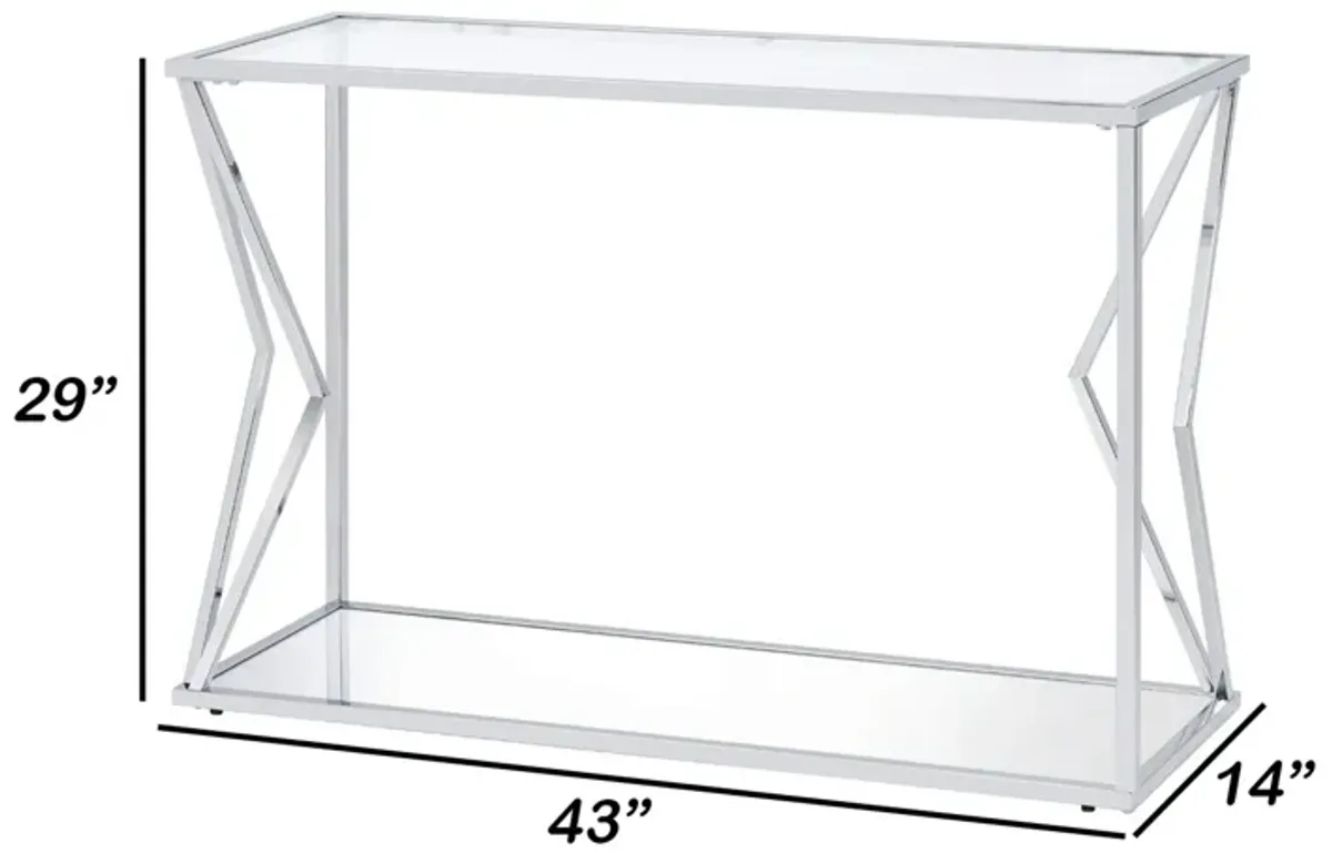 Sofa Table with Glass Top and Bottom Shelf and Geometric Accent, Silver-Benzara