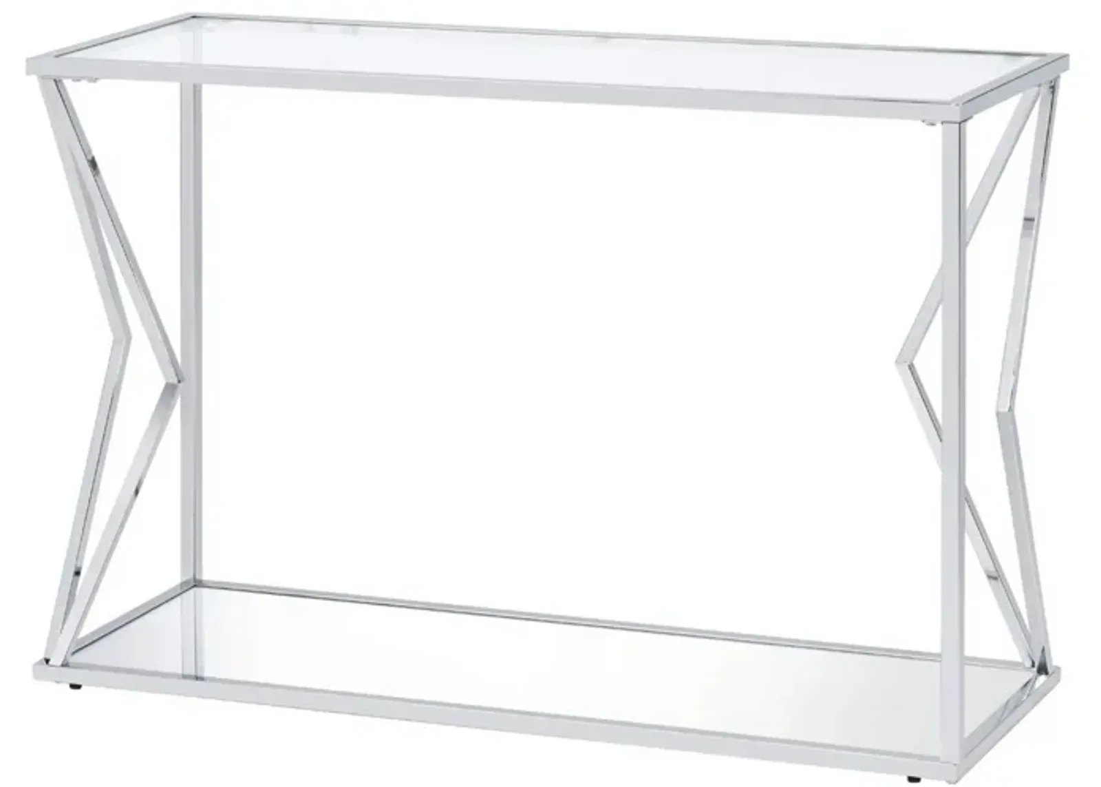 Sofa Table with Glass Top and Bottom Shelf and Geometric Accent, Silver-Benzara